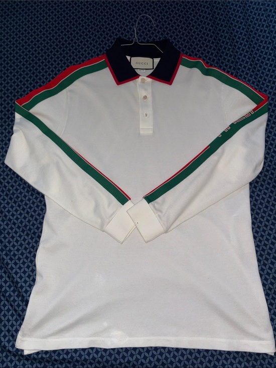 Gucci Other - Gucci White Long Sleeve Polo with Green and Red Stripe Accents and Navy Collar